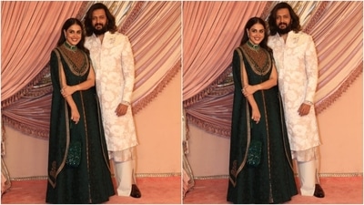 Genelia Deshmukh and Riteish Deshmukh posed for the paparazzi at Anant Ambani and Radhika Merchant's sangeet ceremony. While Genelia looked lovely in an emerald green anarkali gown, Riteish chose a brocade embroidered sherwani set. (HT Photo/Varinder Chawla) Genelia Deshmukh and Riteish Deshmukh posed for the paparazzi at Anant Ambani and Radhika Merchant's sangeet ceremony. While Genelia looked lovely in an emerald green anarkali gown, Riteish chose a brocade embroidered sherwani set. (HT Photo/Varinder Chawla)