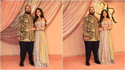 The stars of the night - Anant Ambani and Radhika Merchant - dazzled at their sangeet ceremony in luxurious ensembles designed by Abu Jani Sandeep Khosla. While Anant's traditional attire was made from real gold, Radhika dazzled in an off-shoulder blouse and lehenga set made from Swarovski crystals. (HT Photo/Varinder Chawla) The stars of the night - Anant Ambani and Radhika Merchant - dazzled at their sangeet ceremony in luxurious ensembles designed by Abu Jani Sandeep Khosla. While Anant's traditional attire was made from real gold, Radhika dazzled in an off-shoulder blouse and lehenga set made from Swarovski crystals. (HT Photo/Varinder Chawla)