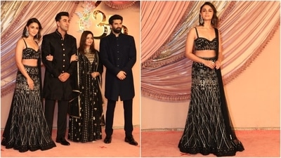 Alia Bhatt and Ranbir Kapoor twinned at the star-studded event in black traditional ensembles. While Alia wore a sequin-embellished bralette and lehenga set, Ranbir complemented her in a bandhgala brocade sherwani set. (HT Photo/Varinder Chawla) Alia Bhatt and Ranbir Kapoor twinned at the star-studded event in black traditional ensembles. While Alia wore a sequin-embellished bralette and lehenga set, Ranbir complemented her in a bandhgala brocade sherwani set. (HT Photo/Varinder Chawla)
