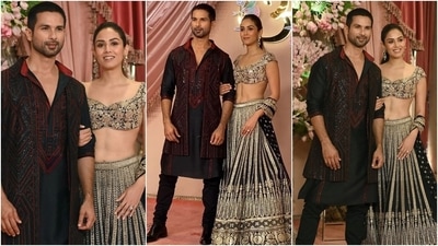 Mira Rajput and Shahid Kapoor attended Anant Ambani and Radhika Merchant's sangeet ceremony. Mira wore a black embroidered lehenga set, and Shahid complemented her in a red and black embellished sherwani kurta and churidar pants set. (HT Photo/Varinder Chawla) Mira Rajput and Shahid Kapoor attended Anant Ambani and Radhika Merchant's sangeet ceremony. Mira wore a black embroidered lehenga set, and Shahid complemented her in a red and black embellished sherwani kurta and churidar pants set. (HT Photo/Varinder Chawla)