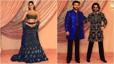 Janhvi Kapoor and Shikhar Pahariya attended Anant Ambani and Radhika Merchant's sangeet ceremony. Janhvi looked lovely in a sequinned blouse, a peacock feather embellished mermaid lehenga, and a matching dupatta. Shikhar complemented her in an embellished black sherwani set. (HT Photo/Varinder Chawla) Janhvi Kapoor and Shikhar Pahariya attended Anant Ambani and Radhika Merchant's sangeet ceremony. Janhvi looked lovely in a sequinned blouse, a peacock feather embellished mermaid lehenga, and a matching dupatta. Shikhar complemented her in an embellished black sherwani set. (HT Photo/Varinder Chawla)