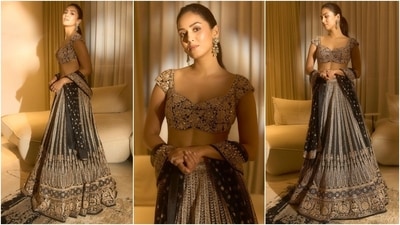 Mira Rajput and Shahid Kapoor attended Anant Ambani and Radhika Merchant's sangeet ceremony. Mira wore a black embroidered lehenga set to the event. It features a deep-neck blouse, an A-line skirt, and an embellished dupatta draped on her arms. A simple ponytail, minimal glam, and statement earrings rounded off the styling. (Instagram) Mira Rajput and Shahid Kapoor attended Anant Ambani and Radhika Merchant's sangeet ceremony. Mira wore a black embroidered lehenga set to the event. It features a deep-neck blouse, an A-line skirt, and an embellished dupatta draped on her arms. A simple ponytail, minimal glam, and statement earrings rounded off the styling. (Instagram)