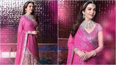 Nita Ambani looks royal in a pink jewelled Falguni Shane Peacock lehenga she wore for Anant Ambani and Radhika Merchant's sangeet. (Instagram) Nita Ambani looks royal in a pink jewelled Falguni Shane Peacock lehenga she wore for Anant Ambani and Radhika Merchant's sangeet. (Instagram)