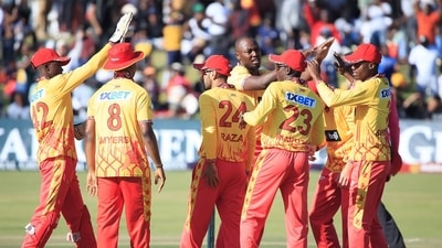 Zimbabwe players celebrate after beating India in 1st T20I