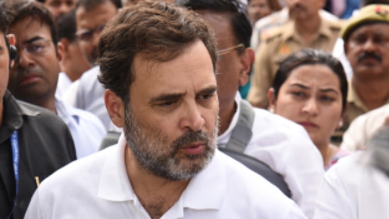 Opposition leader Rahul Gandhi speaking to the media. (Sakib Ali/HT)