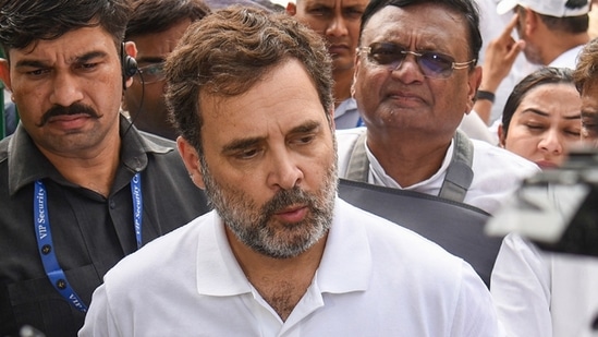 Congress leader Rahul Gandhi talking to the mediapersons. (Sakib Ali/Hindustan Times)