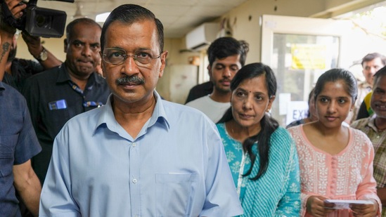 A file photo of Delhi chief minister Arvind Kejriwal, wife Sunita Kejriwal and other family members waiting in a queue to cast vote at a polling station during Lok Sabha elections. (PTI file photo)