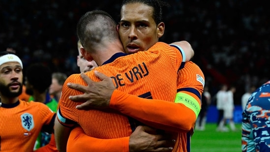 Netherlands players celebrate their win.