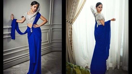 Isha accessorised the couture look with a diamond mang tika, matching earrings, a statement ring, and a double-string choker necklace. Lastly, a side-parted twisted bun, smoky eye shadow, winged eyeliner, kohl-lined eyes, darkened brows, mascara on the lashes, berry lip shade, rouge on the cheeks, and beaming highlighter completed the glam. (Instagram)
