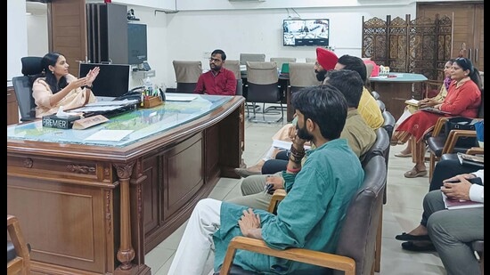 Ludhiana deputy commissioner Sakshi Sawhney during a meeting with NGOs and government department officials in Ludhiana on Saturday. (HT Photo)