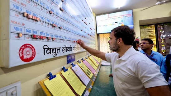 Leader of Opposition Rahul Gandhi during a meeting with the loco pilots at New Delhi Railway Station, in New Delhi. (PTI Photo)