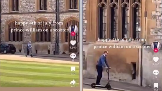 Prince William enters Windsor Castle on an electric scooter.