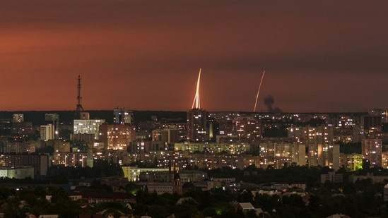 Russian missiles are fired at Ukraine from Russia's Belgorod region, seen from Kharkiv, Ukraine, Saturday, May 18, 2024. (AP Photo/Evgeniy Maloletka)(AP)
