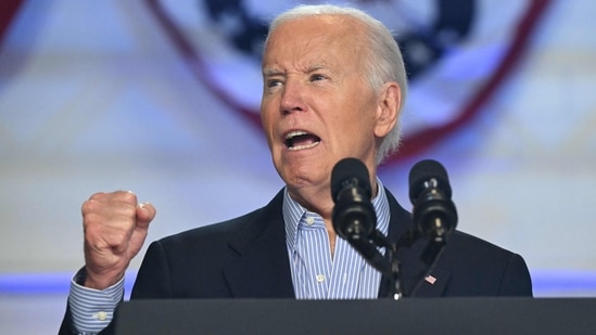 TOPSHOT - US President Joe Biden speaks during a campaign event in Madison, Wisconsin, on July 5, 2024. (AFP/Saul Loeb)