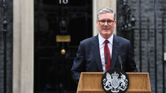 Keir Starmer, UK prime minister, delivers the first speech of his premiership, following the general election, outside 10 Downing Street in London, UK, on Friday, July 5, 2024. (Bloomberg)