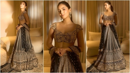 Mira Rajput and Shahid Kapoor attended Anant Ambani and Radhika Merchant's sangeet ceremony. Mira wore a black embroidered lehenga set to the event. It features a deep-neck blouse, an A-line skirt, and an embellished dupatta draped on her arms. A simple ponytail, minimal glam, and statement earrings rounded off the styling.&nbsp;(Instagram)