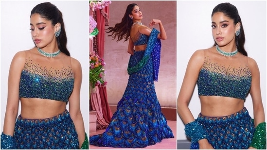 Janhvi Kapoor wore a custom lehenga set designed by Manish Malhotra to the sangeet. The ensemble features a sequinned blouse, peacock feather skirt, and a matching dupatta. She accessorised the ensemble with a choker necklace and statement earrings. For the glam, she chose winged eyeliner, half-up and half-down hairdo, caramel lip shade, and mascara-adorned lashes.&nbsp;(Instagram)