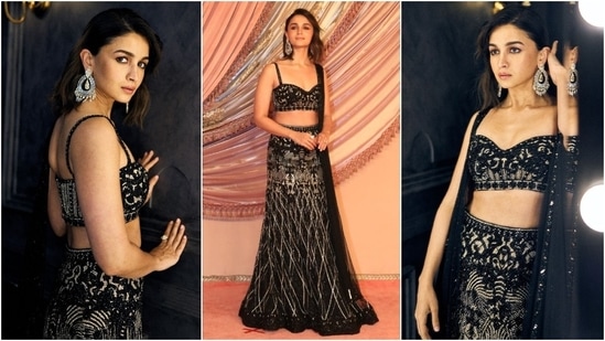 Alia Bhatt wore a custom-designed black lehenga set by Faraz Manan to the sangeet ceremony. She wore a bralette, lehenga skirt, and a dupatta adorned with intricate silver sequin detailing.&nbsp;(Instagram)