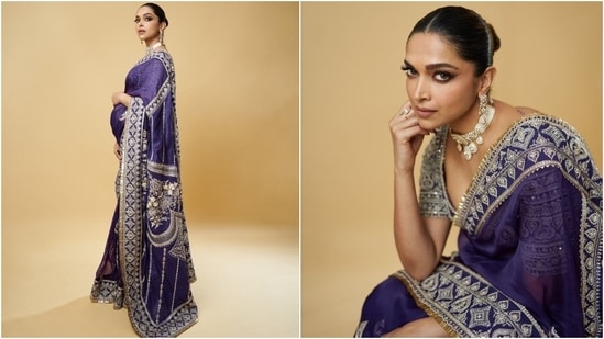 Mom-to-be Deepika Padukone looked drop-dead gorgeous in a custom Torani saree as she attended the sangeet ceremony with her husband, Ranveer Singh. The actor chose a purple saree adorned with intricate handiwork, styled with a heavily-embroidered blouse. She wore a choker necklace, earrings, and rings to accessorised the ensemble.&nbsp;(Instagram)