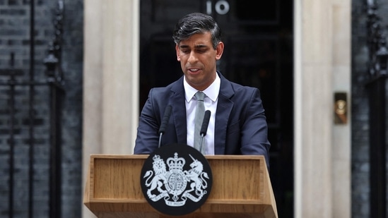 Britain's outgoing Prime Minister and leader of the Conservative party, Rishi Sunak, delivers a statement after his general election defeat outside 10 Downing Street in London.(AFP)