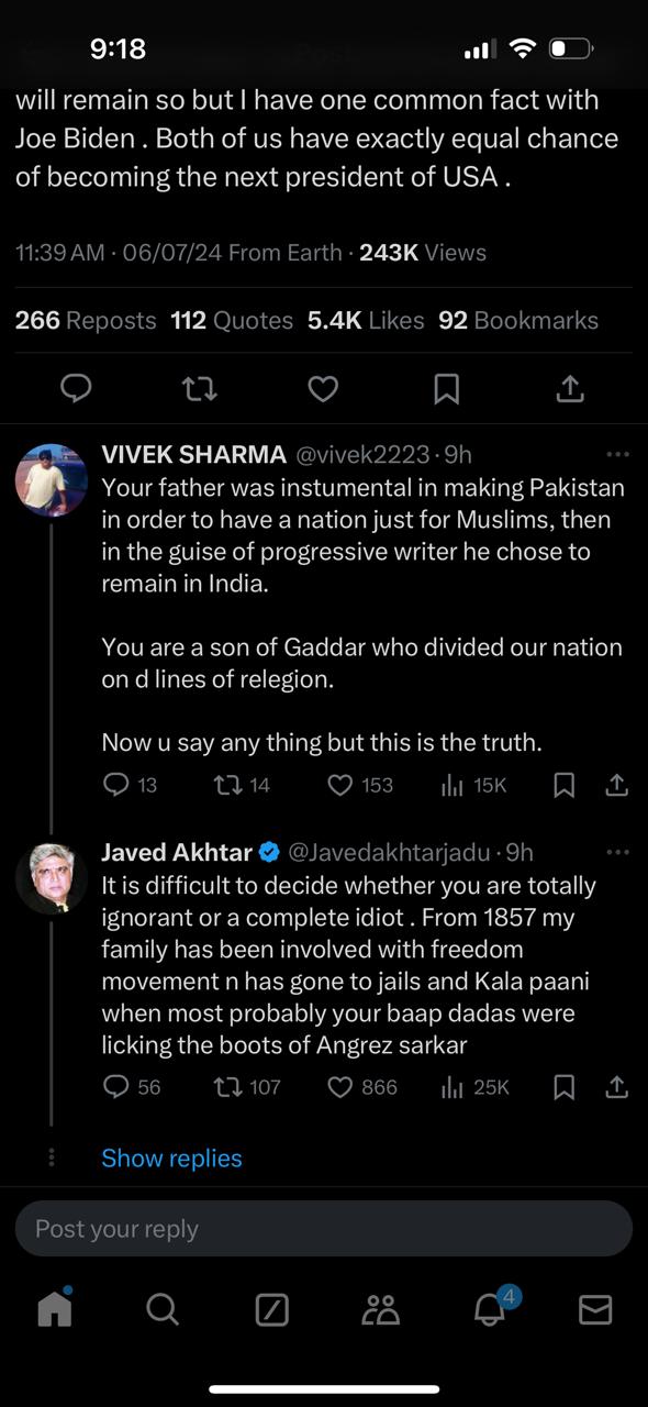 Javed Akhtar called out a social media user over his comment on Pakistan.