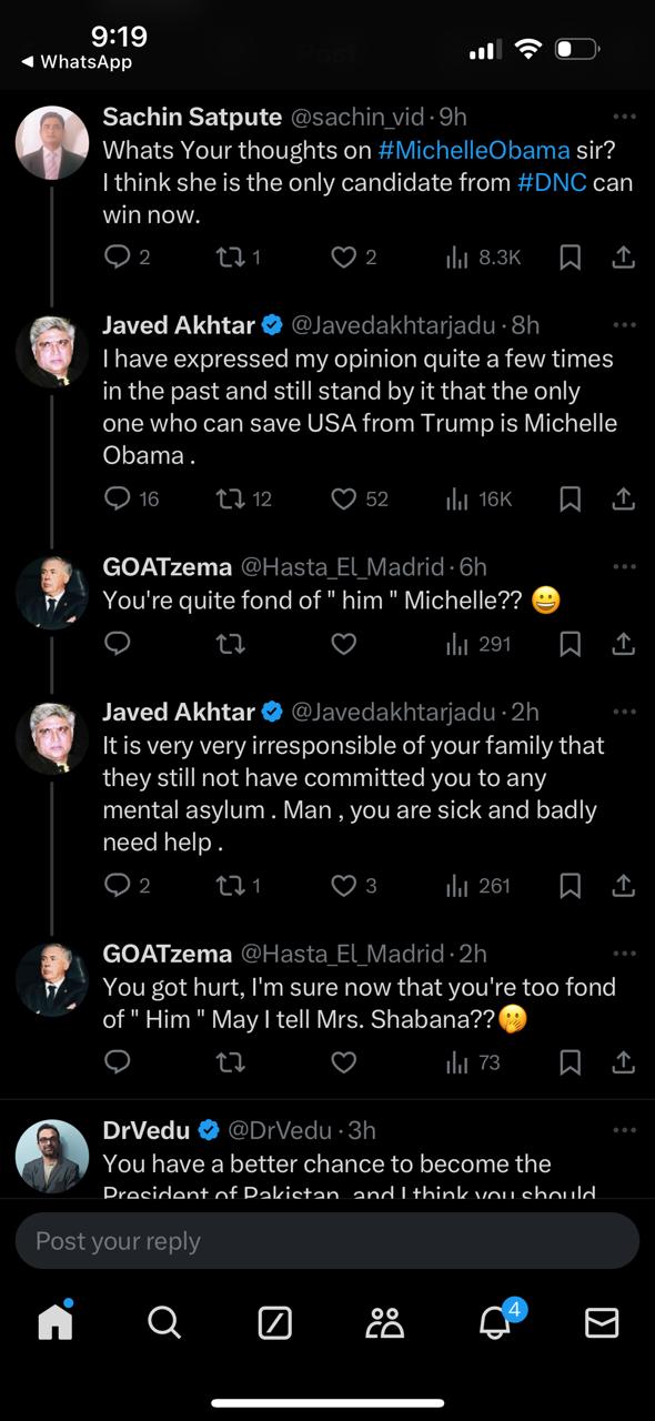 Javed Akhtar slammed a troll over his remark on Michelle Obama.