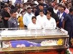 Chennai: Bahujan Samaj Party (BSP) chief Mayawati pays her last respects to the mortal remains of party leader K. Armstrong. Chennai: Bahujan Samaj Party (BSP) chief Mayawati pays her last respects to the mortal remains of party leader K. Armstrong.