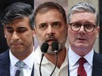 UK's Conservative Party leader Rishi Sunak (left), Congress MP Rahul Gandhi (centre) and UK PM Keir Starmer.(Agencies) UK's Conservative Party leader Rishi Sunak (left), Congress MP Rahul Gandhi (centre) and UK PM Keir Starmer.(Agencies)
