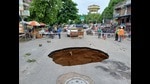 The road where the hole in the ground appeared on Sunday is in Sector 8 between Lord Shiv’s statue and the bus stand near Powerhouse Crossing. (Deepak Gupta/HT) The road where the hole in the ground appeared on Sunday is in Sector 8 between Lord Shiv’s statue and the bus stand near Powerhouse Crossing. (Deepak Gupta/HT)