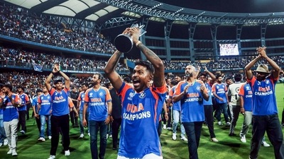 India's Hardik Pandya lifts the ICC T20 World Cup trophy. (ICC - X ) India's Hardik Pandya lifts the ICC T20 World Cup trophy. (ICC - X )