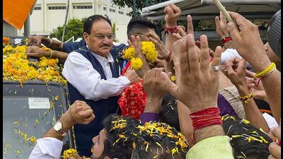 BJP national president JP Nadda being welcomed by party workers upon his arrival in Jammu. (PTI) BJP national president JP Nadda being welcomed by party workers upon his arrival in Jammu. (PTI)