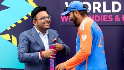 India's captain Rohit Sharma receives a championship medal from BCCI Secretary Jay Shah during presentation ceremony after India defeated South Africa in the ICC Men's T20 World Cup final (PTI)