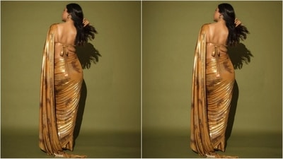 She paired her saree with a golden backless bralette blouse adorned with sequin embellishments. The blouse features a bow-style closure at the back, a deep neckline, and a cropped hem, perfectly complementing her ensemble. (Instagram/@Shehnaaz Gill) She paired her saree with a golden backless bralette blouse adorned with sequin embellishments. The blouse features a bow-style closure at the back, a deep neckline, and a cropped hem, perfectly complementing her ensemble. (Instagram/@Shehnaaz Gill)
