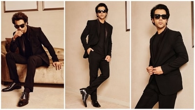 Next on the list, we have the dapper RajKummar Rao. His latest look features him in a stylish all-black suit consisting of a t-shirt, fitted pants, and a blazer. With matching shiny shoes and a pair of rectangular sunglasses, he looked absolutely handsome. (Instagram/@RajKummar Rao) Next on the list, we have the dapper RajKummar Rao. His latest look features him in a stylish all-black suit consisting of a t-shirt, fitted pants, and a blazer. With matching shiny shoes and a pair of rectangular sunglasses, he looked absolutely handsome. (Instagram/@RajKummar Rao)