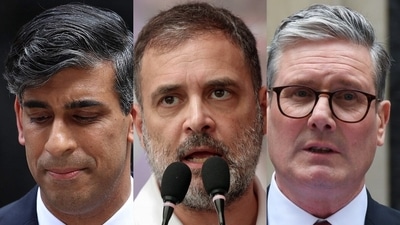 UK's Conservative Party leader Rishi Sunak (left), Congress MP Rahul Gandhi (centre) and UK PM Keir Starmer. (Agencies) UK's Conservative Party leader Rishi Sunak (left), Congress MP Rahul Gandhi (centre) and UK PM Keir Starmer. (Agencies)