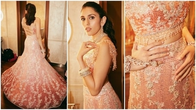 The sequin embellishments, Resham floral work, and tassel embellishments make this custom piece a steal-worthy outfit. Shloka accessorised the ensemble with a diamond choker necklace, bracelets, haath phool, and dangling earrings. A sleek ponytail and minimal glam rounded off the look.&nbsp; (Instagram)
