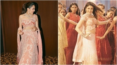 Shloka Mehta takes inspiration from Kareena Kapoor's iconic Bole Chudiyan look for the lehenga she wore to Anant Ambani's sangeet. (Instagram) Shloka Mehta takes inspiration from Kareena Kapoor's iconic Bole Chudiyan look for the lehenga she wore to Anant Ambani's sangeet. (Instagram)