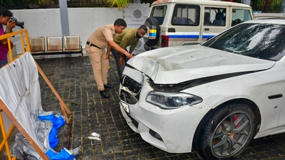 The damaged BMW car that was involved in an accident, parked on the premises of Worli police station, in Mumbai. (PTI) The damaged BMW car that was involved in an accident, parked on the premises of Worli police station, in Mumbai. (PTI)