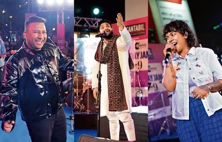 (L-R) Romy enthralled Delhiites in the opening week of HT City Friday Jam, Shreyash Tiwari performed with his band Khusro in week two, and Mansa Jimmy rocked the stage in week 3. (Photo: HTBS) (L-R) Romy enthralled Delhiites in the opening week of HT City Friday Jam, Shreyash Tiwari performed with his band Khusro in week two, and Mansa Jimmy rocked the stage in week 3. (Photo: HTBS)