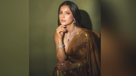 If you admired Shehnaaz’s saree and are curious about its cost, we’ve got you covered. Her exquisite saree is designed by the renowned fashion designer Masaba Gupta and comes with a price tag of <span class='webrupee'>₹</span>37,000.(Instagram/@Shehnaaz Gill)