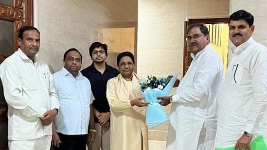 BSP supremo Mayawati and INLD chief Abhay Chautala during a meeting in Delhi on Saturday. (HT Photo)