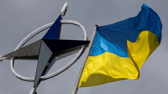 A Ukrainian national flag is pictured in front of the NATO emblem(REUTERS file photo)