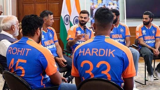 New Delhi, Jul 04 (ANI): Prime Minister Narendra Modi interacts with the ICC Mens T20 World Cup winning team on their arrival in India, at his residence 7, LKM in New Delhi