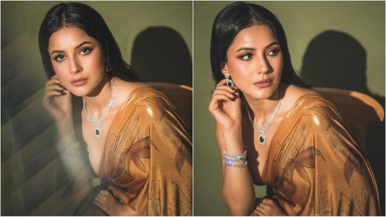 Assisted by hairstylist Baljit Cheema, Shehnaaz styled her luscious tresses into soft curls, parted in the middle and cascading beautifully over her shoulders. The elegant hairstyle perfectly complemented her chic look.(Instagram/@Shehnaaz Gill)