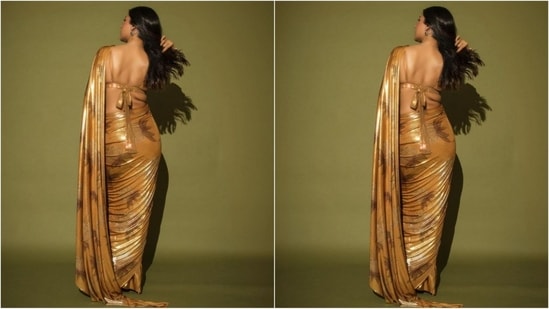 She paired her saree with a golden backless bralette blouse adorned with sequin embellishments. The blouse features a bow-style closure at the back, a deep neckline, and a cropped hem, perfectly complementing her ensemble.(Instagram/@Shehnaaz Gill)