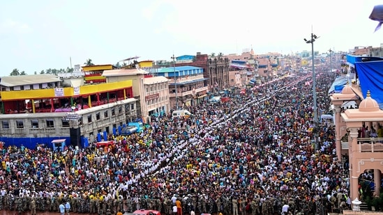 An ariel view of sea of devotees who gathered to take part in the Rath Yatra of Lord Jagannath, in Puri on Sunday(ANI)