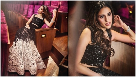 After the peach Manish Malhotra lehenga, Shloka changed into a black embellished lehenga set designed by Faraz Manan. It features a sequin and bead embellished sleeveless blouse and an A-line lehenga skirt featuring shimmering diamantes, white applique work, and Resham embroidery. (Instagram)