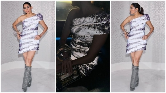 Last month, the Ambani family hosted pre-wedding celebrations for Anant Ambani and Radhika Merchant in Italy. Shloka donned many couture ensembles during the festivities, and one of the looks featured her in an intergalactic-themed mini dress. It features a one-shoulder neckline, an uneven hem, an ombre pattern, and sequin embellishments. (Instagram)