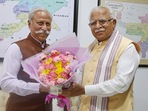 Arunachal Pradesh governor KT Parnaik and Union minister Manohar Lal Khattar in Itanagar on Monday. Arunachal Pradesh governor KT Parnaik and Union minister Manohar Lal Khattar in Itanagar on Monday.