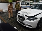 Worli hit and run case BMW car standing at premises of worli police station and police official inspecting car at parking stand of worli police station, at Worli, in Mumbai, India, on Sunday, July 07, 2024. (Photo by Bhushan Koyande/HT Photo)